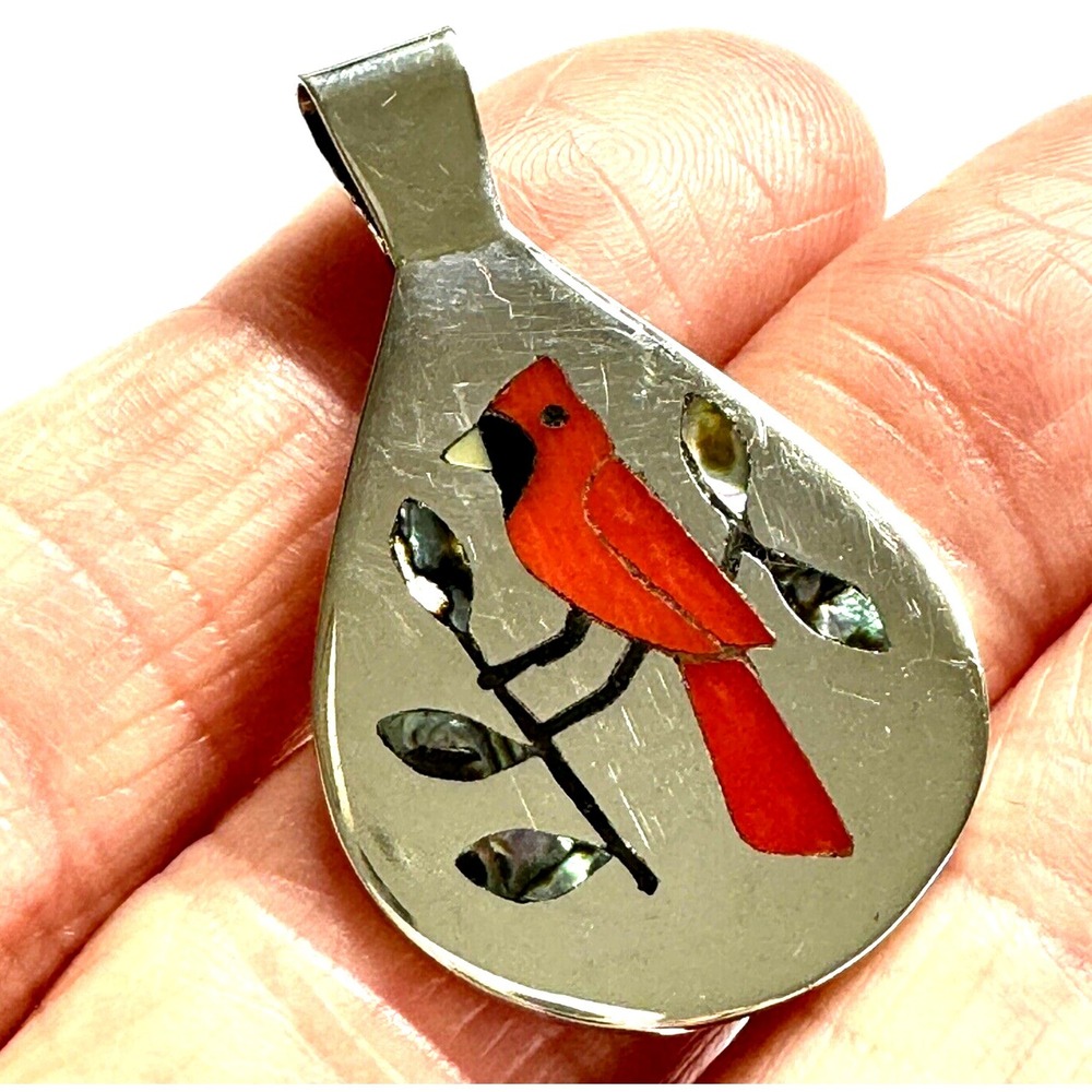 Zuni Red Cardinal Bird Pendant 1.5in Edaakie Native Amer Turquoise Inlay 925
